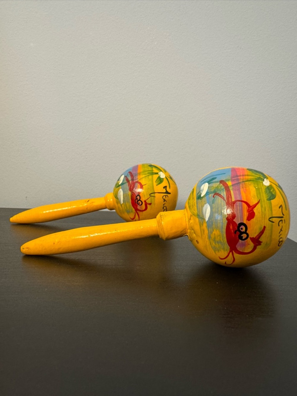 2 Hand Painted Yellow Maracas from Mexico crab palm tree ocean